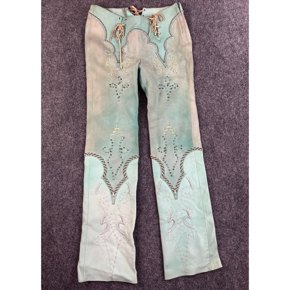 Michelle Julene Couture Pants - Vintage Western Suede Leather Pants Beaded Lace Up Turquoise OOAK Couture Rare
